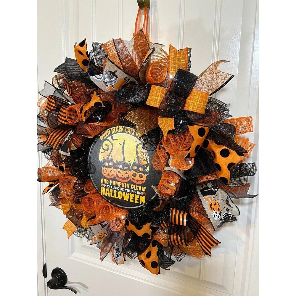 Handmade 22 in Halloween Wreath Black Cat LED Lights #W10